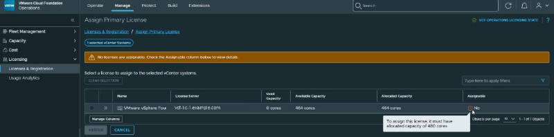 Assign Primary License in VCF Operations: no licenses are assignable, the license must have 480 cores