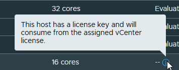 Tooltip in VCF Operations: this host has a license key and will consume from the assigned vCenter license